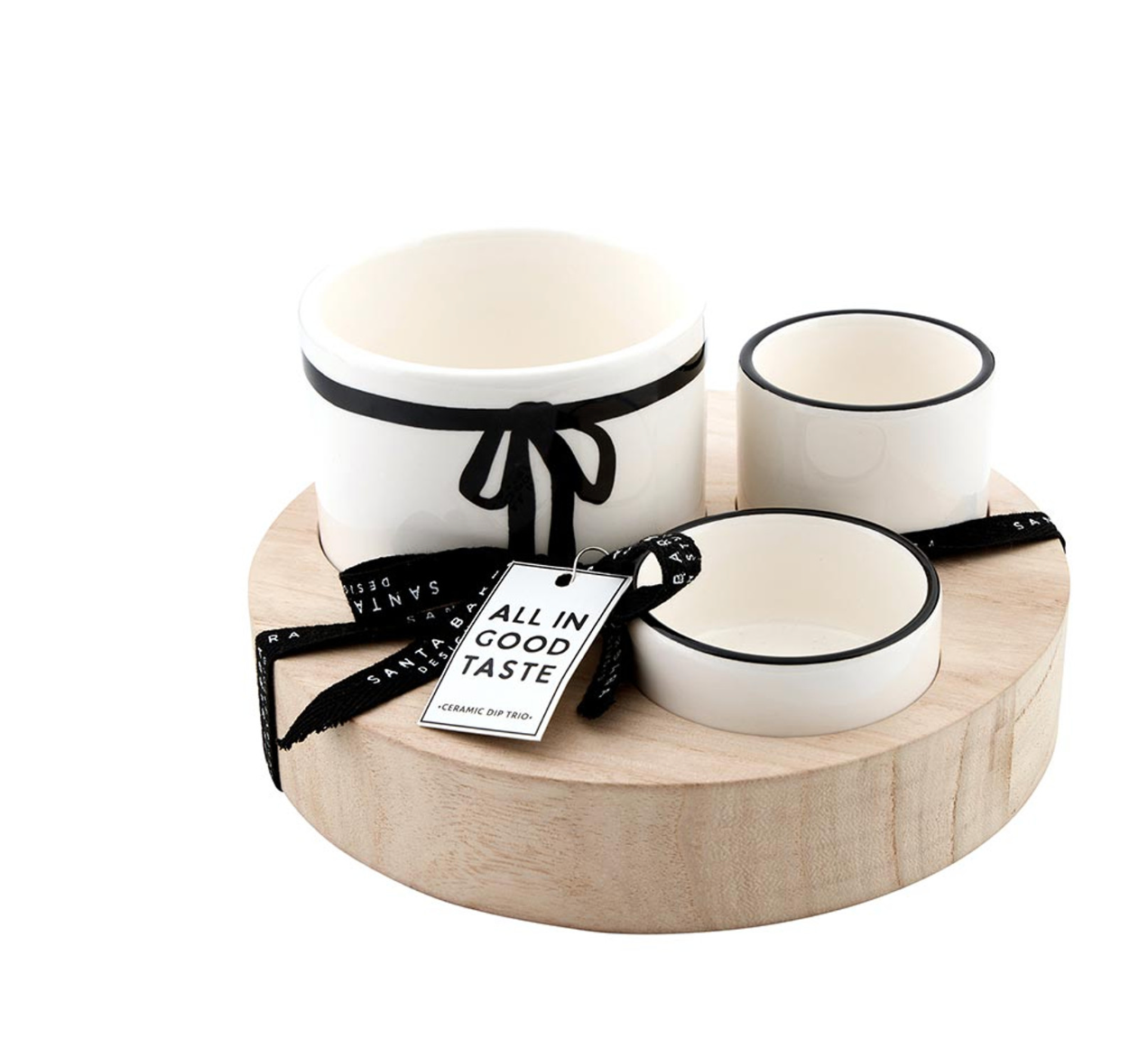Trio Ceramic Bowls With Wood Base - Bow