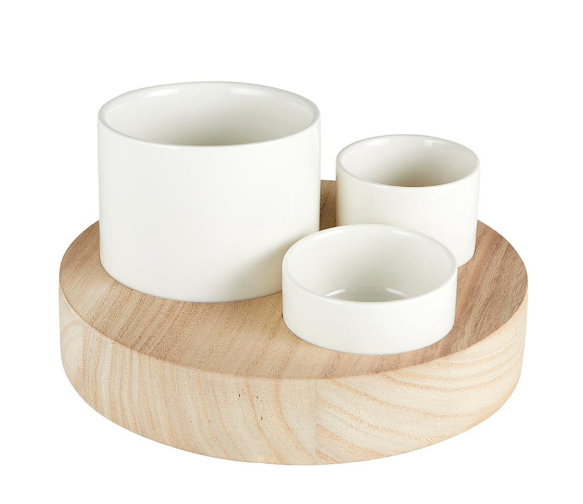 Trio Ceramic Bowls With Wood Base