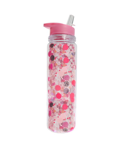 pink party confetti water bottle with straw