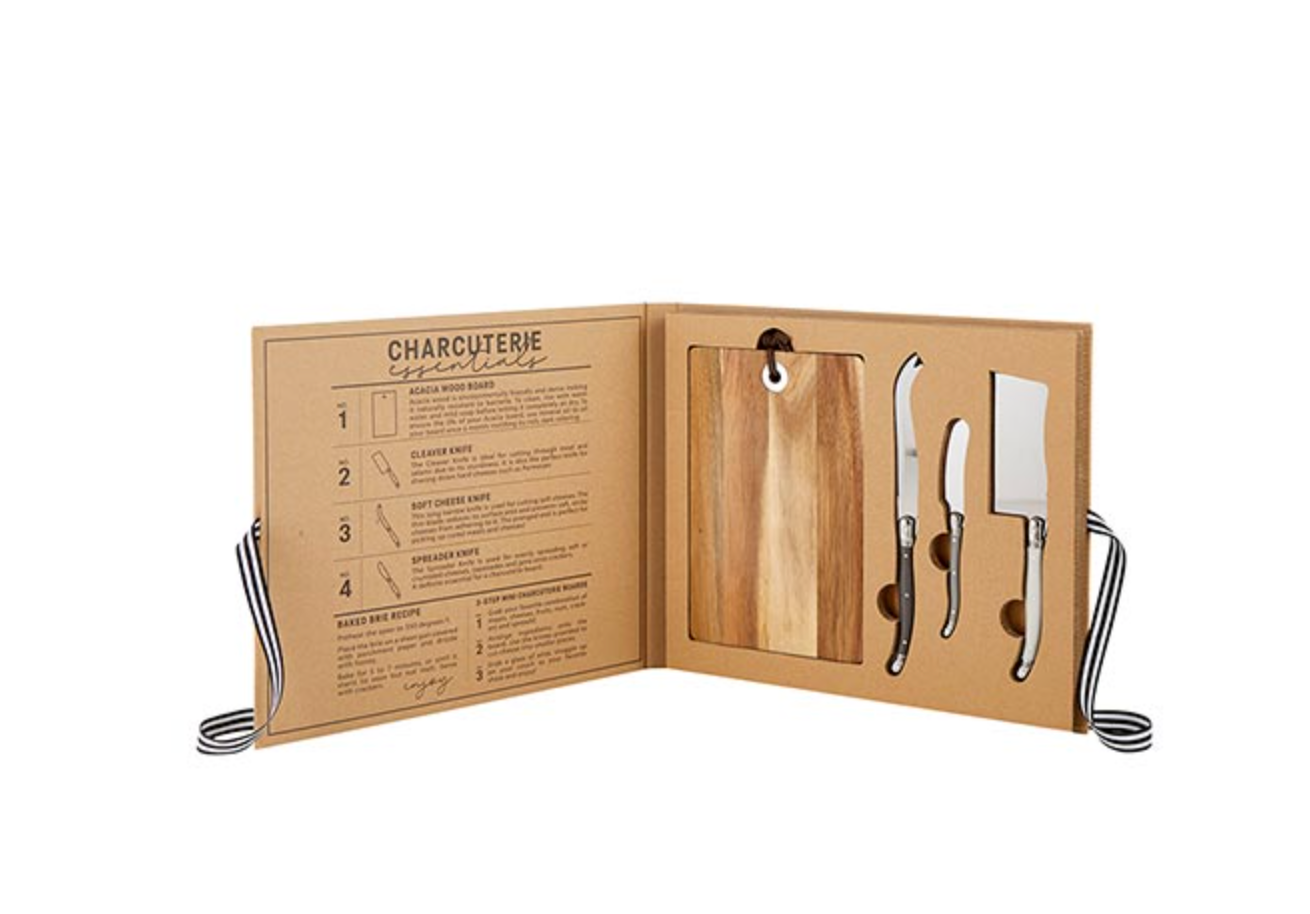 Acacia Wood Cheese Board with Knives Book Box