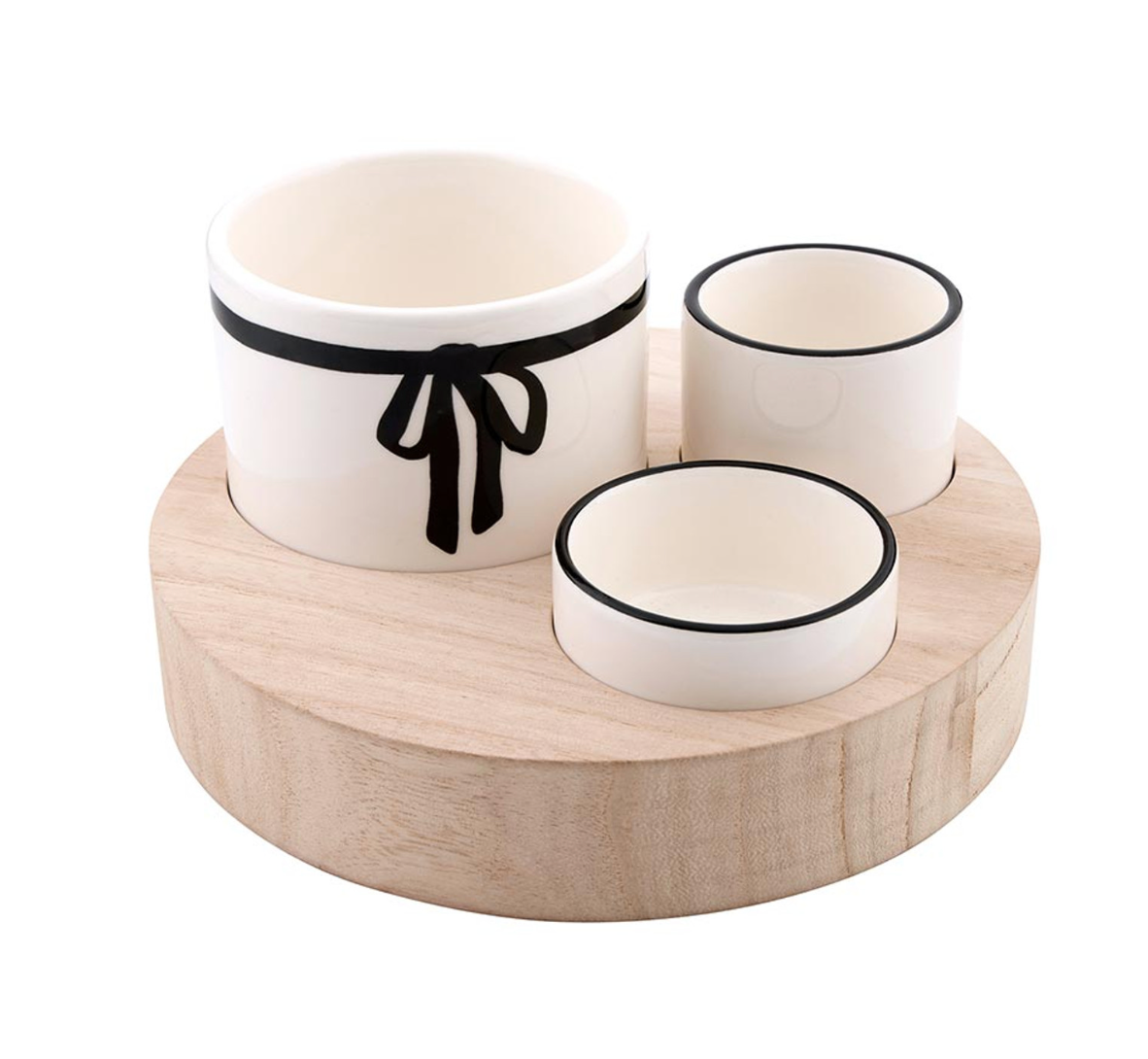 Trio Ceramic Bowls With Wood Base - Bow