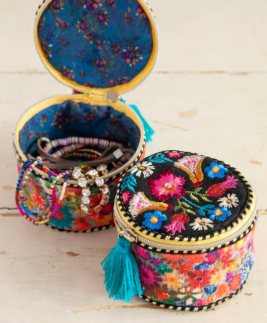 Embroidered Jewelry Case - Black Folk Flower